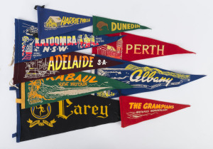 Nine assorted felt travel pennants including Perth, Albany, Katoomba, Hall's Gap, Adelaide, Mt. Feathertop, Carey, Dunedin and Rabaul, circa 1950s ​the largest 60cm long