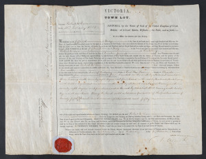 AN 1852 VICTORIAN LAND GRANT BY PURCHASE February 1852 land grant to ROBERT McEWIN of a Town Lot in the Town of Footscray, signed and sealed by the Lieutenant Governor, CHARLES LATROBE. (The price of £14/-/- is detailed in manuscript and the exact locatio