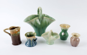 REMUED: Six assorted pottery vases, some incised "Remued", ​the largest 26cm high