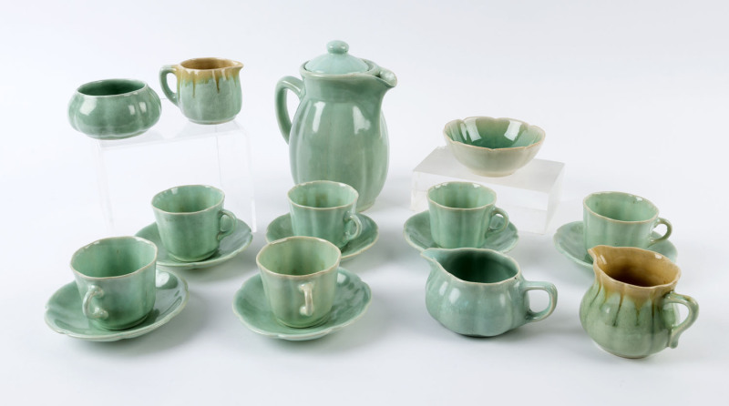 McCREDIE 15 piece green glazed pottery coffee set plus two additional jugs and a bowl, (18 items), incised "McCredie, N.S.W.", ​the pot 15.5cm high