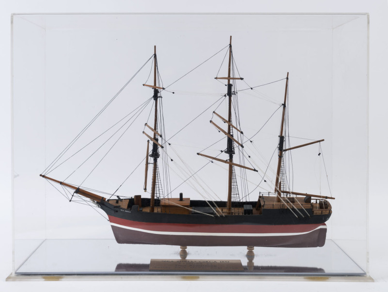 "SEA SHELL" scratch built model tallship in case with maker's plaque "Sea Shell, circa 1852, Restored By Don Armstrong, Surrey Park Model Boat Club", the case 42cm high, 56cm wide, 22cm deep