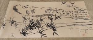 A Chinese scroll, bamboo scene with poem with seal mark lower left, 204 x 78cm