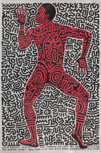 KEITH HARING [1958-90] "INTO 84" Exhibition poster for the Haring show at the Tony Shafrazi Gallery in New York (Dec.83 - Jan.'84). 89 x 59cm.One of Haring's most iconic lithographic images, this piece features choreographer Bill T. Jones from a photograp