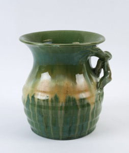 REMUED large pottery vase with applied branch handle glazed in green and yellow, incised "Remued 191/8", 22cm high, 21cm wide