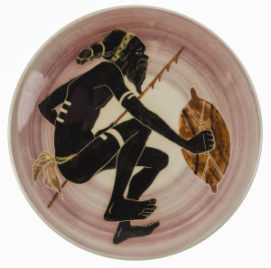 MARTIN BOYD pottery plate with Aboriginal warrior, incised "Martin Boyd, Australia", ​18cm diameter