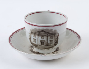 "Hobart Town Sabbath School" transfer porcelain cup and saucer, stamped "Pinder Bourne & Co.", mid 19th century, ​the saucer 17cm diameter