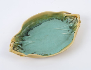 ERIC BRYCE CARTER pottery dish with gum blossoms, branches and leaves, incised "E. Bryce Carter, Sydney", ​24.5cm wide