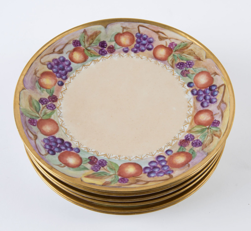 A set of six hand-painted porcelain plates with fruit motif, signed "Maida Wright", 21.5cm diameter