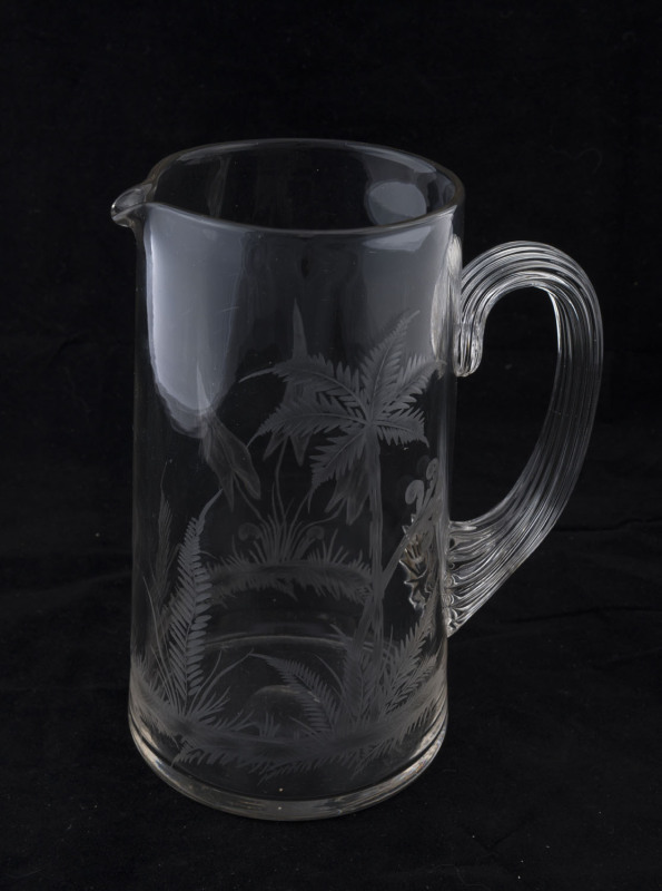 An antique glass water jug decorated with fern etching, 19th century, 21.5cm high