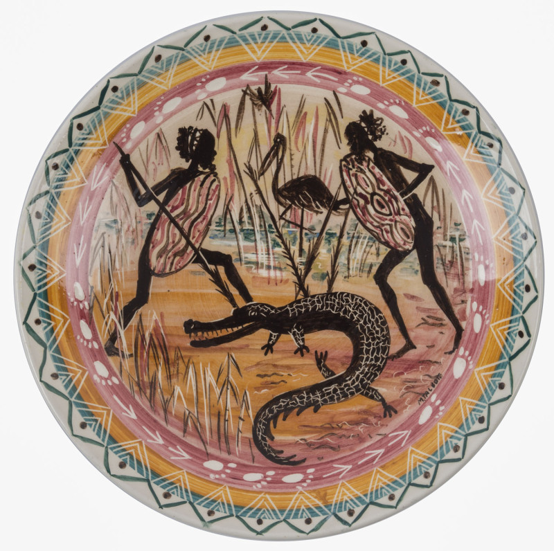 GUY BOYD pottery bowl decorated with crocodile, brolga and Aboriginal warriors, signed "M. Talbot", incised "Guy Boyd", 23cm diameter