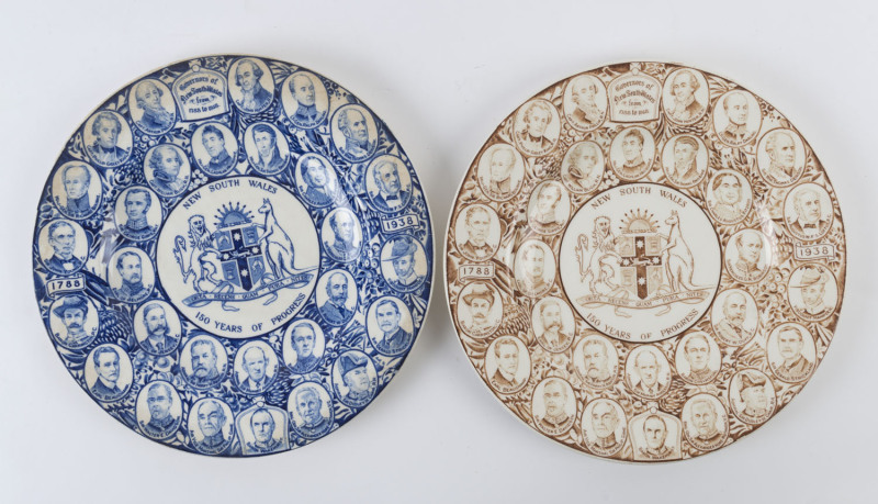 Two commemorative porcelain plates "New South Wales 150 Years Of Progress,", circa 1938, stamped "Woods & Sons, Burslem, England", ​27cm diameter