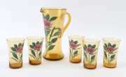 Australiana lemonade drink set with hand-painted waratah decoration, comprising jug and five glasses (6 items total), circa 1930s, ​the jug 24cm high