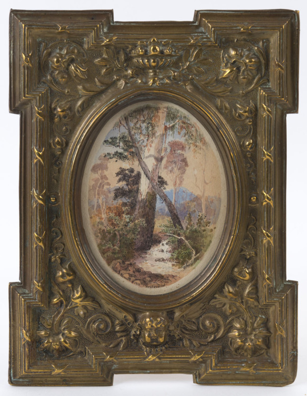 CHARLES BENNETT (1869-1930), Healesville, ink and watercolour, signed in the bottom margin "Chas Bennett, 1915, Healesville", in attractive repousse metal frame, 25 x 19cm overall