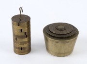 Two sets of antique brass weights; cup weights stamped "J. BELCHER" and run up to 16 Oz Troy; the hanging weights in 50 gram increments,