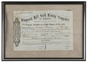GOLD MINE SHARE CERTIFICATES: Sept.1893 certificate for 100 shares in the "Diamond Hill Gold Mining Company" of Bendigo; also, Dec.1893 certificate for 100 shares in the "North Comet Gold Mining Company" of Bendigo. Both framed & glazed. (2 items).