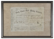 GOLD MINE SHARE CERTIFICATES: Sept.1893 certificate for 100 shares in the "Diamond Hill Gold Mining Company" of Bendigo; also, Dec.1893 certificate for 100 shares in the "North Comet Gold Mining Company" of Bendigo. Both framed & glazed. (2 items). - 2