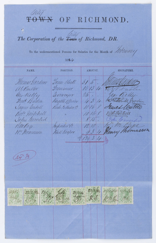 CITY OF RICHMOND, VICTORIA: 1884 - 1898 "Corporation of the City of Richmond" salary sheets comprising the hand-written name, position, amount of pay and the signature of every employee.