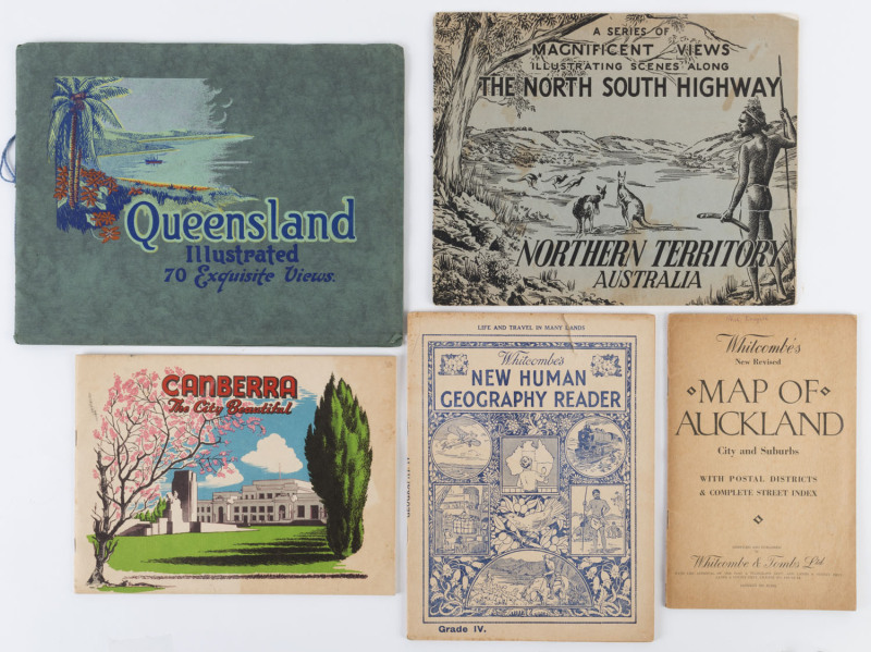 Folding maps and street guides for Adelaide & Suburbs (1930s), Brisbane (c1920s), Tourist Map of Canberra (1954), Whitcombe's Map of Auckland (1933) and various pictorial booklets including "Canberra The City Beautiful" (c1960), "Picturesque Hobart and Su