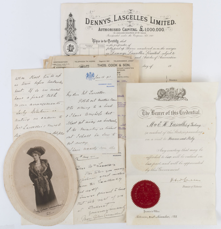 THE LASCELLES FAMILY OF GEELONG & MELBOURNEAn archive including a blank share certificate for Dennys, Lascelles Ltd; an 1893 letter to Mr Lascelles from Lord Hopetoun; a 1911 letter and signed photograph from Mary Gibson-Carmichael (wife of the Governor)