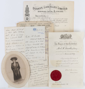 THE LASCELLES FAMILY OF GEELONG & MELBOURNEAn archive including a blank share certificate for Dennys, Lascelles Ltd; an 1893 letter to Mr Lascelles from Lord Hopetoun; a 1911 letter and signed photograph from Mary Gibson-Carmichael (wife of the Governor) 