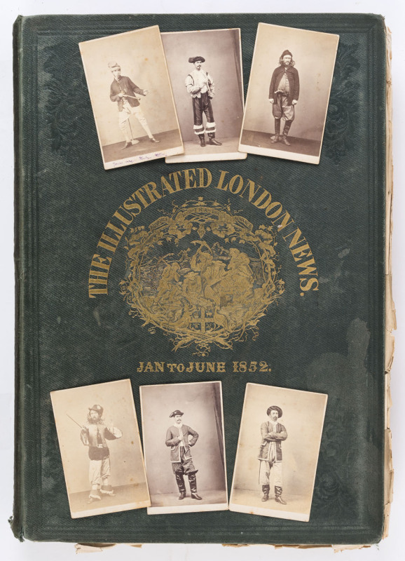 Australian goldfields group of six cartes de visite of a theatrical troupe taken in Castlemaine Victoria, together with an 1852 edition of The London Illustrated News with Victorian gold rush motif on the cover. (7 items)