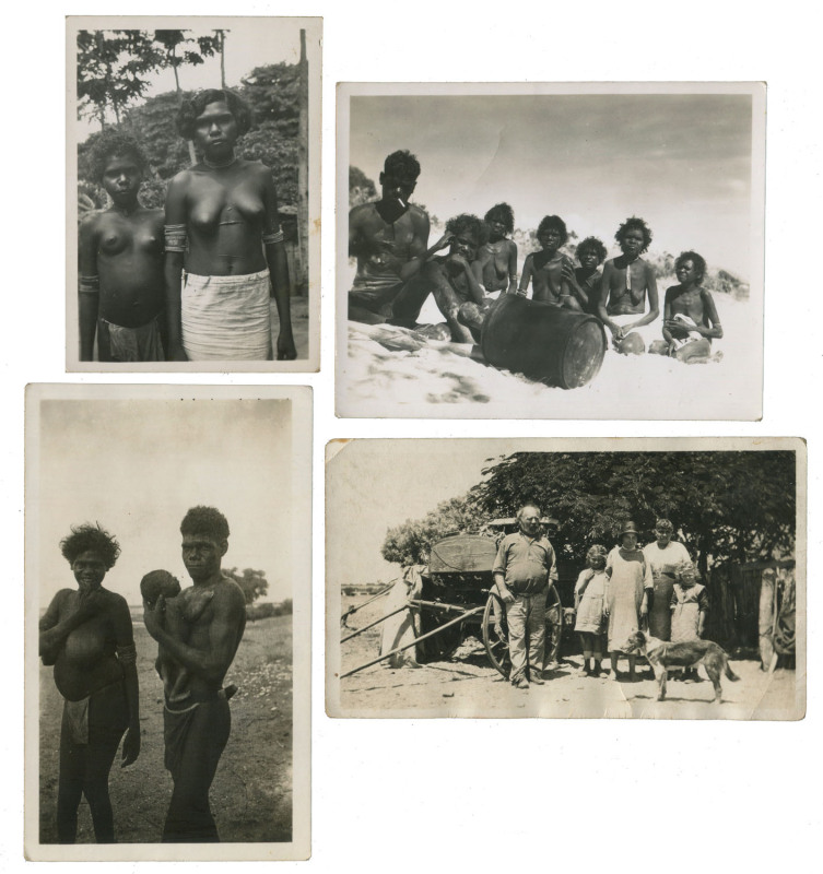 Arnhem Land & Groote Eylandt: three small aboriginal photographs, annotated on reverse and dated Nov.-Dec.1944; also another unrelated (but earlier) pic. (4 items).