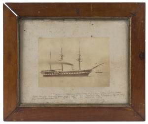 HMS NELSON 1814 - 1930s : THE LIFE OF A SHIP An original sepia albumen print of HMS Nelson circa 1879, mounted on card and framed in timbers from the cabin of this ship, 14.5 x 21cm (image); 34.5 x 41cm (frame) with hand-written text below.