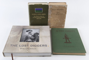 "NULLI SECUNDUS - A History of the Second Battalion, A.I.F. 1914 - 1919" compiled by TAYLOR & CUSACK (1942) (poor condition); "PURPLE OVER GREEN - The History of the 2/2 Australian Infantry Battalion 1939 - 1945" by Wick (1977), "Active Service - With Aus