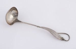 SARGISON'S Australian silver soup ladle with gumnuts and leaf decoration, Tasmanian origin, 20th century, stamped "Sargison's, STG SIL," with reverse "B" and "E" workman's monogram, 30cm long, 160 grams