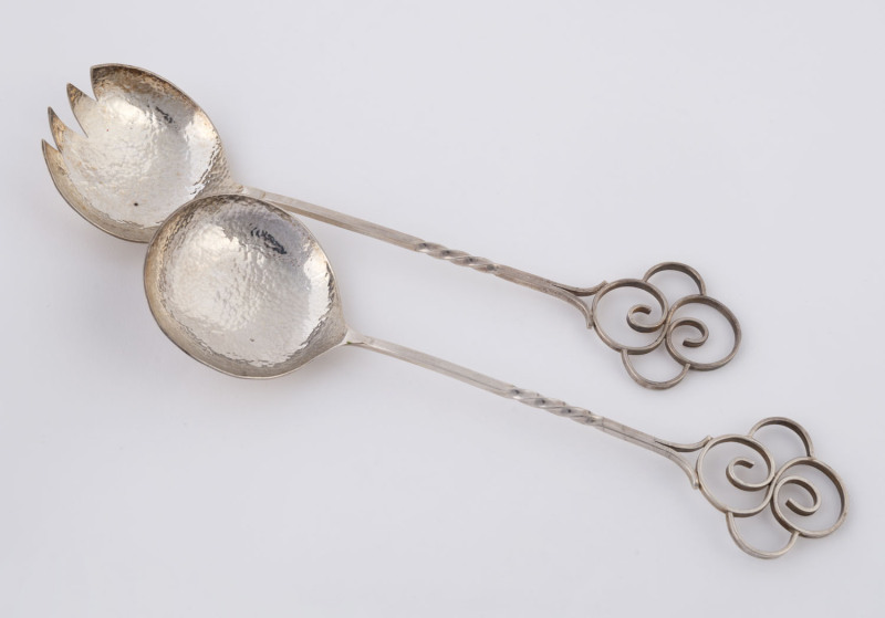 SARGISON'S Australian silver pair of salad servers, Tasmanian origin, 20th century, stamped "Sargison's, STG SIL," with reverse "B" and "E" workman's monogram, 24.5cm long, 150 grams