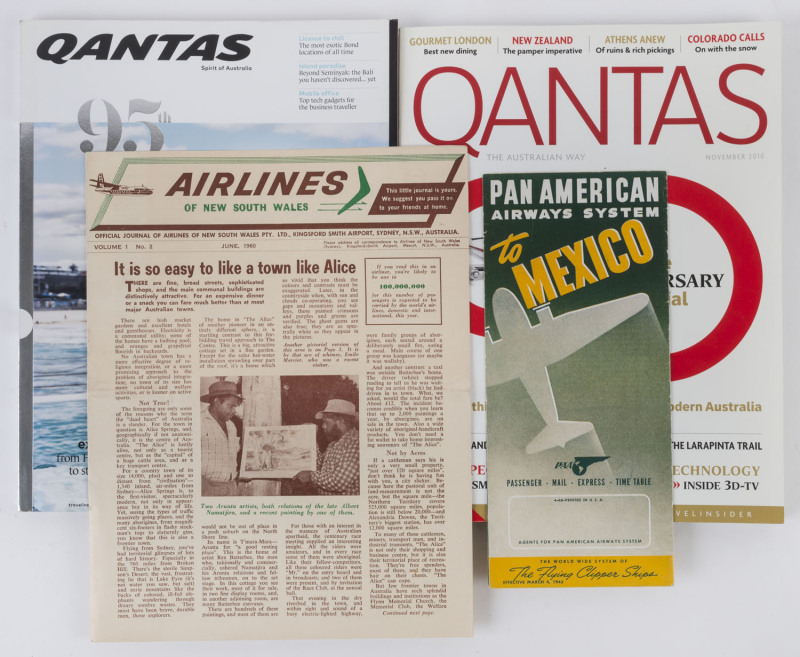 "PAN AMERICAN Airways System To Mexico" brochure, circa 1943; "AIRLINES OF NEW SOUTH WALES" official journal (Vol1, issue No.2), circa 1960; QANTAS 90th anniversary issue in flight magazine, November 2010; QANTAS 95th anniversary issue in flight magazine