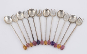 Set of 6 Australian silver cake forks and spoons with coloured glass bean finials, 20th century, stamped "925" with pictorial marker's marks, 12.5cm long, 120 grams