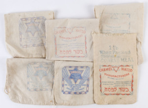 [JUDAICA] circa 1940s group of (6) small linen matzo meal bags for "Carmel Matzo" of Armstrong St., Middle Park (3) and for "Sniders" of Atkin St., North Melbourne (3); 1lb, 2lb & 3lb sizes. 