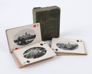 PLAYING CARDS - "PICTURESQUE AUSTRALIA": early 1900s full deck cards showing monochrome photographic images of Australian scenes in the centre of each card with representations from every Australian State, complete with original box. (54 cards)