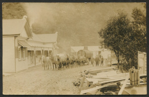 A1 MINE SETTLEMENT: early 1900s real photo monochrome image showing horse and carriage entering the township, unused. [Located north of Woods Point in the Shire of Mansfield, the township was named 'A1' as a tribute to quality of the gold mined in the ar