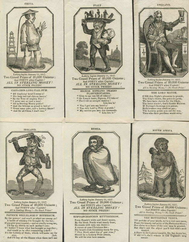 1817 LOTTERY HANDBILLS - ENGLAND - THOMAS BISHTwenty-two different printed handbills advertising an upcoming lottery (Jan.21) each with an engraved illustration of a national "type" and comical verse -- includes ENGLAND, CHINA, RUSSIA, SOUTH AFRICA, ALGIE