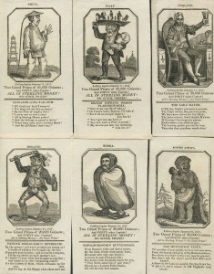 1817 LOTTERY HANDBILLS - ENGLAND - THOMAS BISHTwenty-two different printed handbills advertising an upcoming lottery (Jan.21) each with an engraved illustration of a national "type" and comical verse -- includes ENGLAND, CHINA, RUSSIA, SOUTH AFRICA, ALGIE