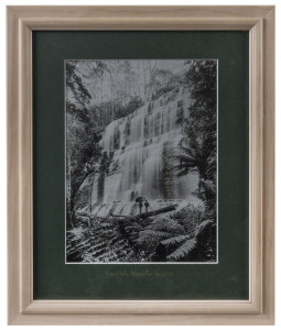 TASMANIA: monochrome image of Russell Falls, from the painting by Haughton Forrest, which formed the basis of the design for Tasmania's 1899 4d Pictorial postage stamp; framed and glazed, overall 40.5 x 33cm.