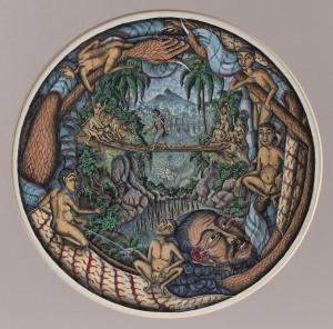 KETUT ARSANA (Sambahan, Ubud) Untitled, pen, ink & wash allegorical illustration, circular, 27cm diameter; plus a small Christian scene, (artist unknown). (2 items).