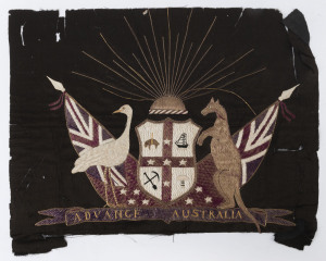 Australian coat of arms silk embroidery, 19th century, a fine work in very fragile and dilapidated condition, a restorer's dream, 35 x 49cm