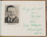 Assortment with 1930-40s autograph book with signatures of actors/performers Walter Niblo (music hall comedian, on photograph) & Georgie Wood ("Wee Georgie Wood") with dated pen & ink drawing of himself alongside and Owen Nares (actor); cigarette cards Wi - 3