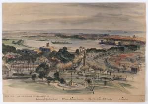 KENNETH JACK (1924 - 2006) View S.W. from the Shrine of Remembrance, pen and ink and wash on paper on backing card with title, c1948, unsigned, 23 x 35cm.