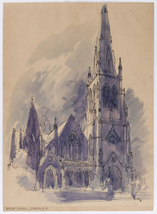 KENNETH JACK (1924 - 2006) Wesley Church, Lonsdale Street, pen and ink and wash on paper on backing card with title, c1948, unsigned, 32 x 24cm. [This image appears on page 41 in Clive Turnbull's "The Melbourne Book".]