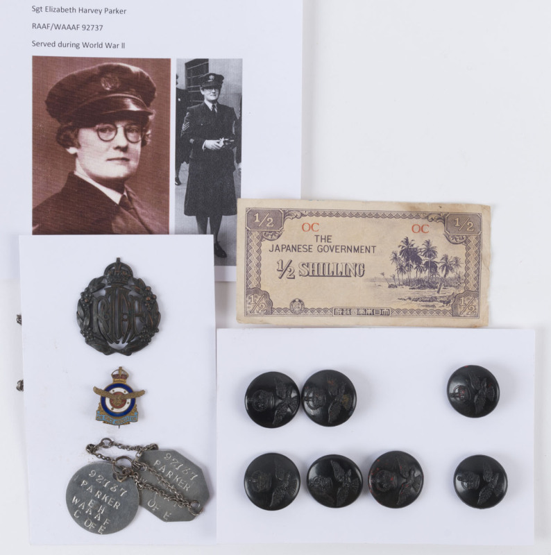 SGT ELIZABETH HARVEY PARKER, RAAF/Women's Auxiliary Air Force (WAAAF): seven uniform buttons, 2 identity discs, 1 metal RAAF cap badge, membership badge of the Air Force Association and a ½ shilling Japanese Occupation currency note. (12 items).