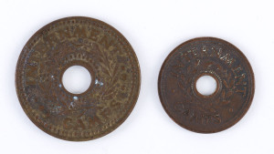 WW2 P.O.W. INTERNMENT CAMPS: 1d and 3d ("CAMPS") Currency Tokens in VF-EF condition. (2).