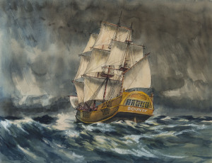 Jack Louis KOSKIE (1914 - 1997), Captain William Bligh's "Bounty", c1988, watercolour on board, signed lower right, 38 x 48cm. Framed and with certificate verso "The Paul McGuire Award for Maritime Achievement, South Australia", October 1989.