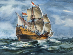 Jack Louis KOSKIE (1914 - 1997), Captain Willem Jansz' "Duyfken", c1988, watercolour on board, signed lower right, 38 x 50cm. Framed and with certificate verso "The Paul McGuire Award for Maritime Achievement, South Australia", October 1989.