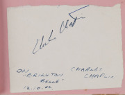 AUTOGRAPH BOOK & PAGES: with numerous signatures including Charlie Chaplin on piece, annotated "on Brighton Belle" (London-Brighton electric pullman train service) and dated "12.10.52" shortly after Chaplin arrived in England for premiere of "Limelight" k - 4