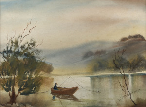 Dorothy Ellen LINDSAY (1912 - 2007) Untitled (Peaceful lake fishing scene), c1970s watercolours, signed "D. LINDSAY B.E.M." lower right, 25 x 33cm.