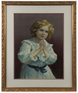 DEVOTIONAL LITHOGRAPHS: comprising two sentimental coloured images of young females (each 66 x 52cm), plus a monochrome reproduction of the 1896 William Strutt painting "The Peace"; also c.1685 Richard Blome hand-coloured copper engraving "Takeing Say of 